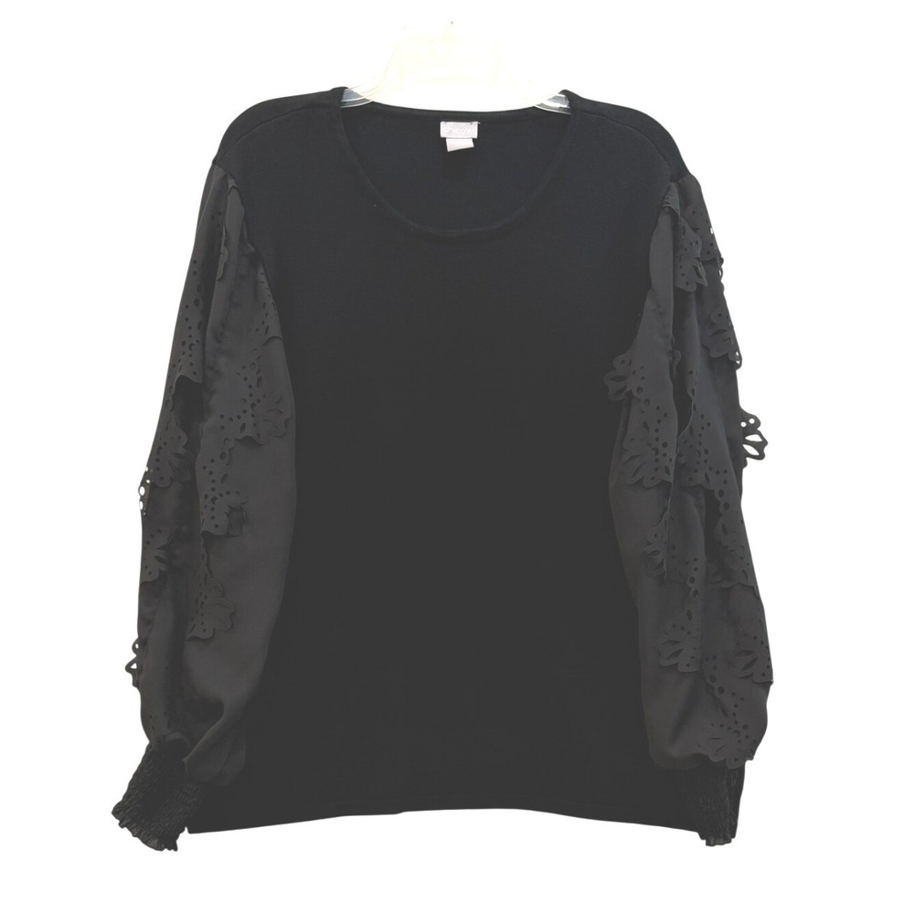Chicos Black‎ Eyelet Laser Cut Balloon Sleeve Knit Top Size 4 / XXL Rayon Blend